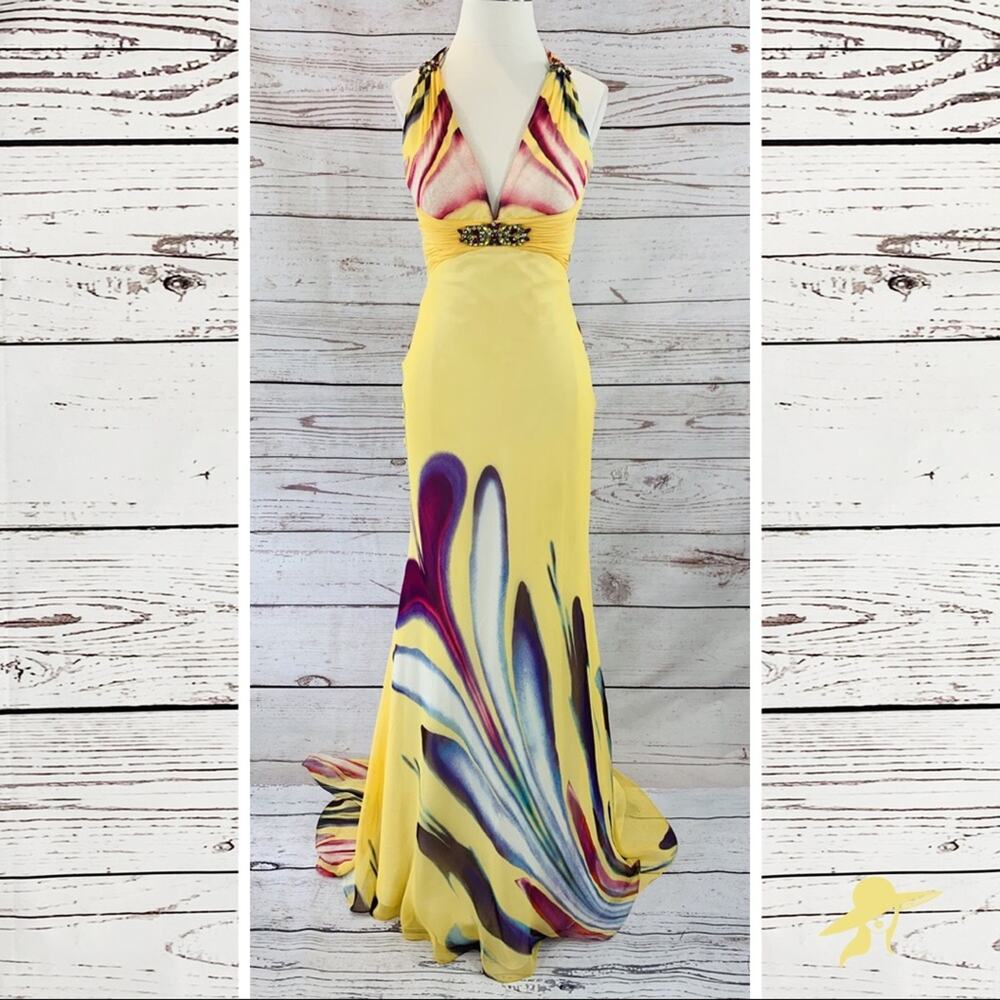 Yellow Swirl mermaid trumpet v-neck train tie dye